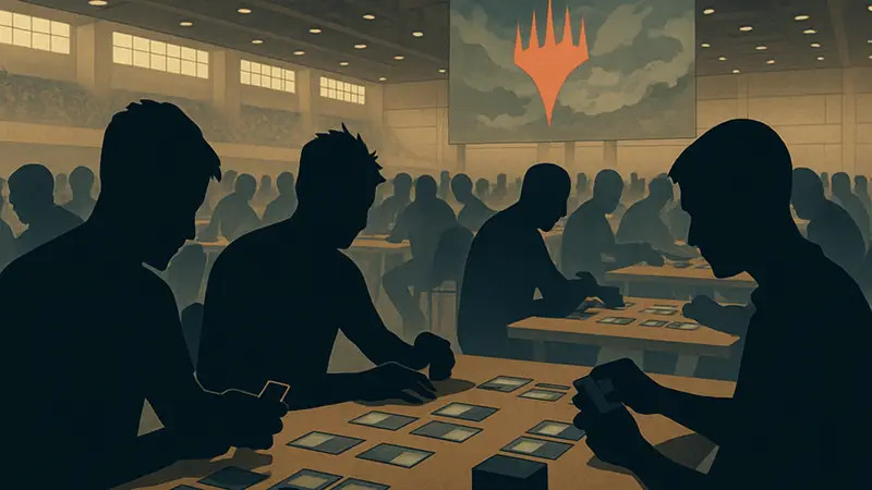 Игроки, сосредоточенно играющие в Magic: The Gathering на большом турнире с картами на столах