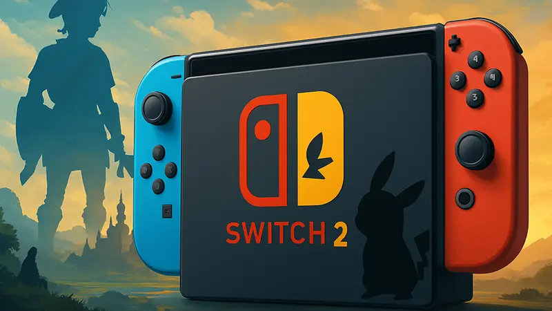 Логотип Nintendo Switch 2, стилизованный под игры Mario и Zelda, игровая консоль