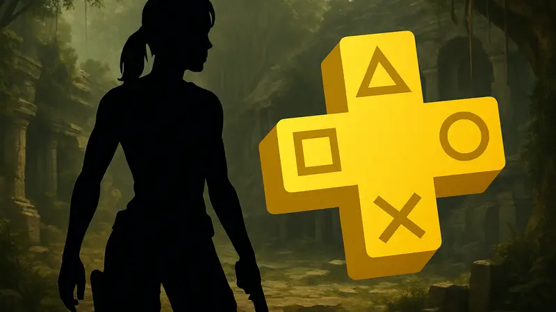 Лара Крофт из Tomb Raider Remastered на фоне логотипа PS Plus.