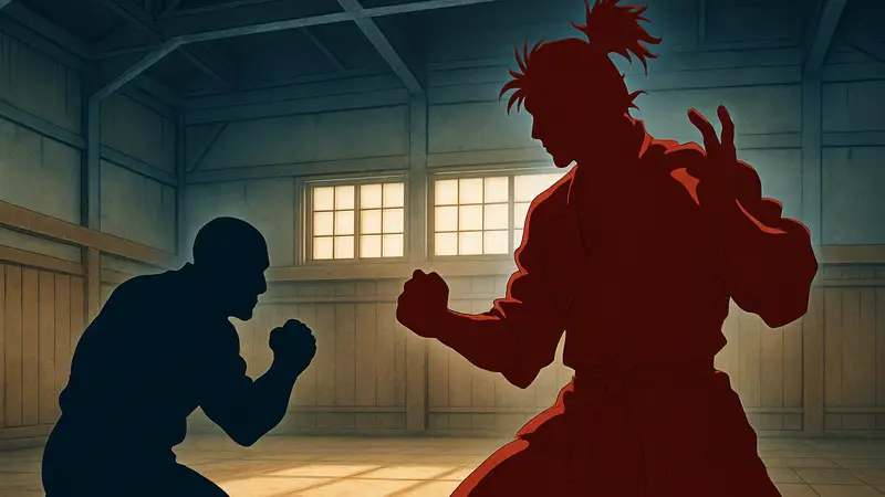 Кадр из аниме Baki Hanma с изображением двух бойцов, Гоки Шибукава и Миямото Мусаши, готовящихся к поединку