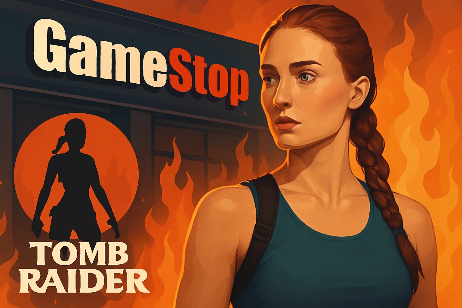 Софи Тёрнер в роли Лары Крофт или логотип Tomb Raider на фоне GameStop