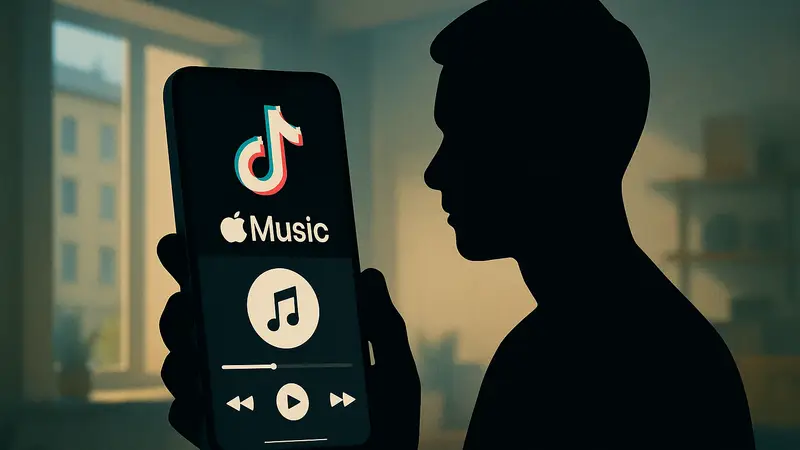 Интерфейс TikTok с логотипом Apple Music и музыкальным проигрывателем