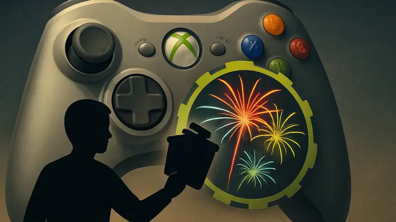 Логотип Boom Boom Rocket на фоне контроллера Xbox 360, символизирующий удаление игры