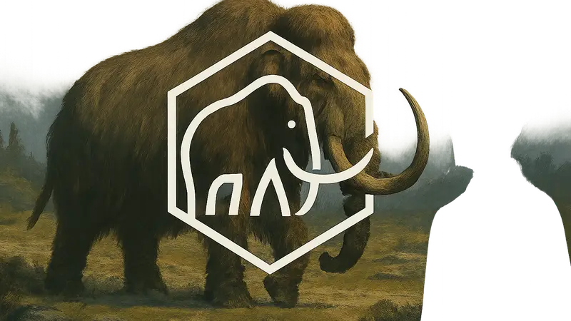 Логотип Colossal Biosciences на фоне графического изображения возрождённого мамонта.