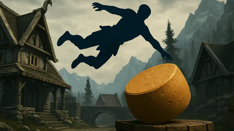 Игровой скриншот мода для Skyrim, где NPC с ragdoll-физикой летит в сырную бочку.