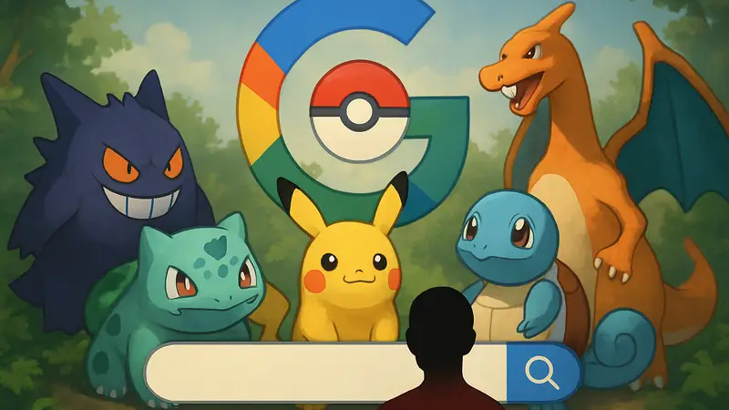 Логотип Google Pokémon мини-игры, показывающий различных покемонов на фоне поисковой строки.