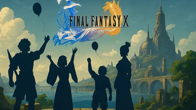 Логотип Final Fantasy X и концепт-арт персонажей, празднование 25-летия, фанатский арт-проект