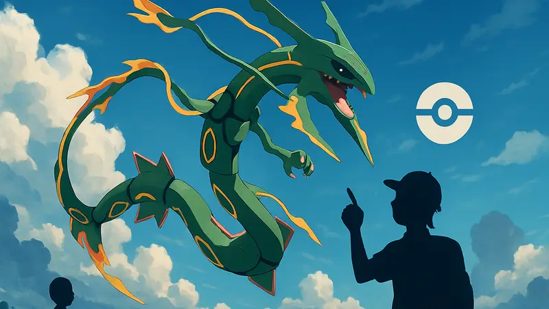 Легендарный покемон Мега Рейкваза в Pokemon GO на фоне неба
