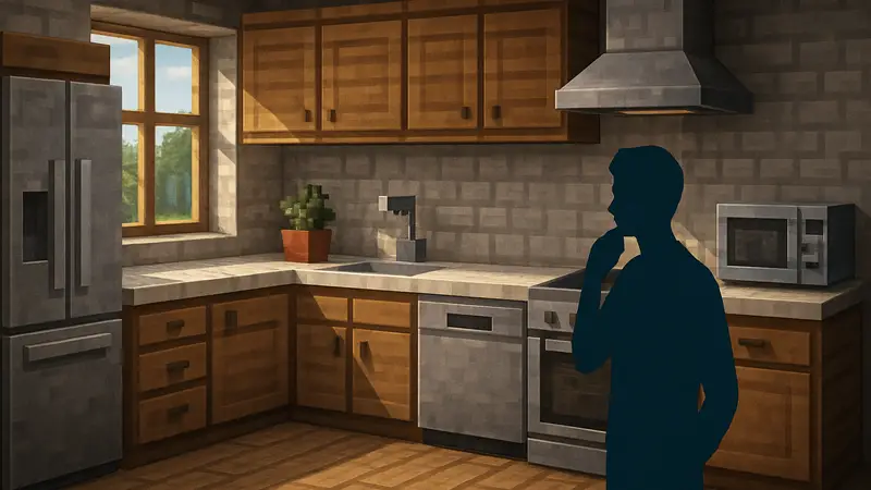 Кухня в Minecraft с современной мебелью и рабочими приборами. Идеи для строительства в игре.