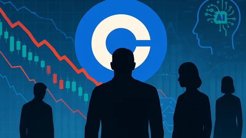 Логотип Coinbase на фоне финансовых графиков, символизирующих сокращения и ИИ.