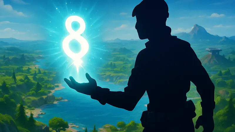 Игровой персонаж Fortnite со Спрайтом Семерки, яркий эффект свечения, карта игры
