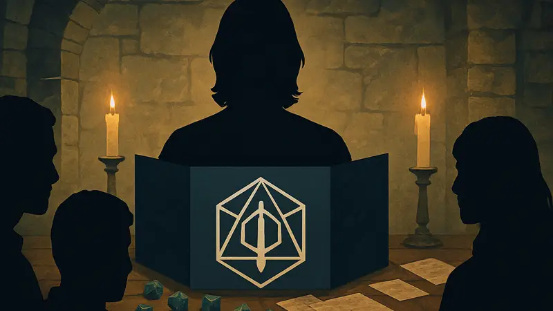 Мэтт Мерсер в роли Мастера подземелий Critical Role, окруженный кубиками и картами.