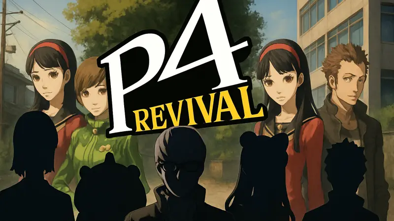 Логотип Persona 4 Revival на фоне персонажей оригинальной Persona 4, символизирующий анонс ремейка и его дату.