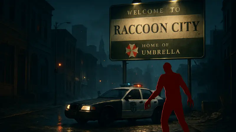 Арт или скриншот Raccoon City из Resident Evil, возможно с зомби или полицейской машиной.