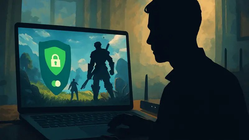 Игровой ноутбук с включенным VPN-сервисом, демонстрирующий преимущества для онлайн-игр и сетевого соединения
