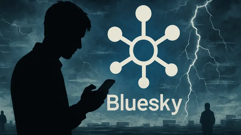 Логотип Bluesky, символизирующий сеть, на фоне перебоев в работе