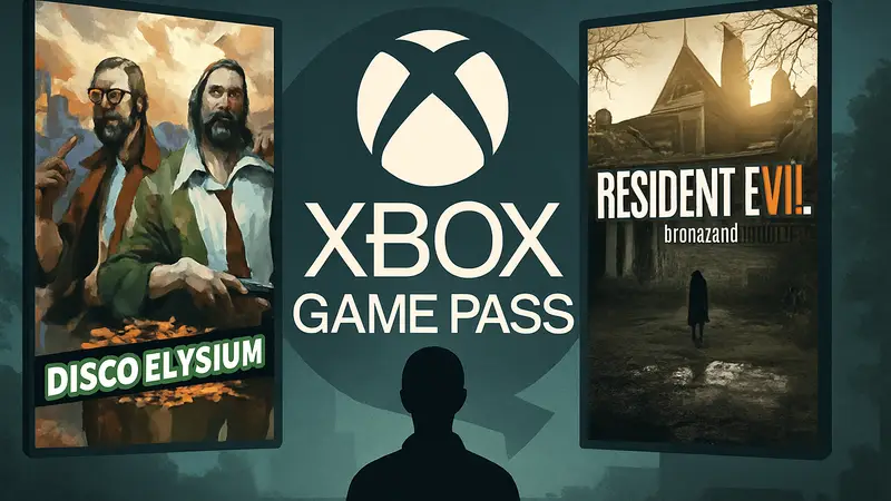 Логотип Xbox Game Pass с обложками игр Disco Elysium и Resident Evil 7, анонс пополнения библиотеки.