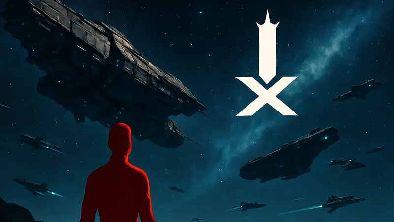 Космические корабли и звездное небо из игры X4: Foundations с логотипом обновления The Empire.