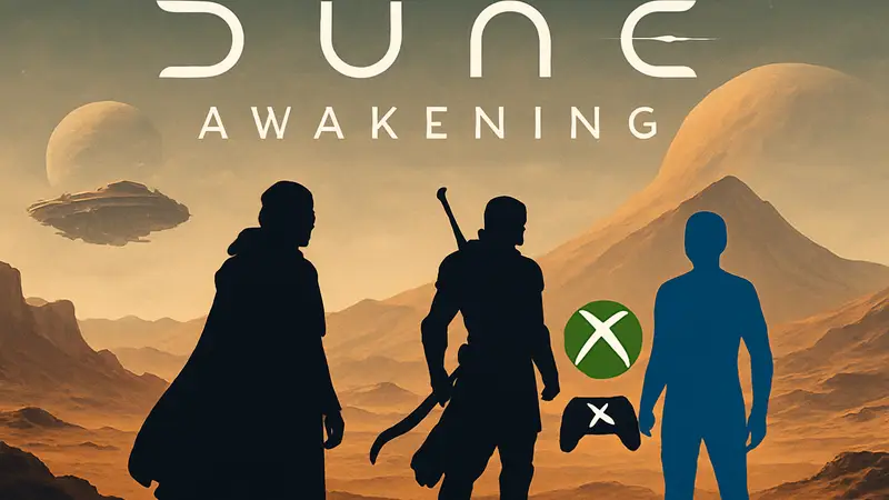 Логотип Dune Awakening, космический пейзаж Арракиса, персонажи Дюны, кроссплей игра