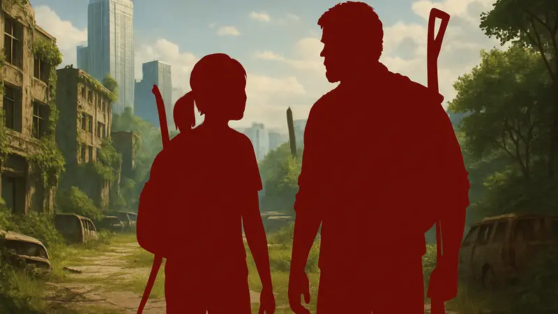 Элли и Джоэл из игры The Last of Us, стоят вместе, осматривая окрестности.
