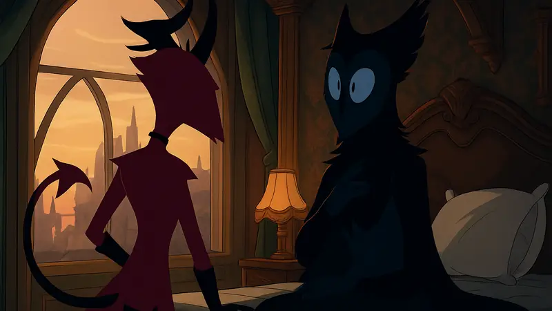 Кадры из Helluva Boss 3 сезон, персонажи Stolas и Blitzo, Vivziepop сериал