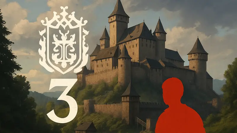 Логотип Kingdom Come Deliverance 3 на фоне средневекового замка в Богемии