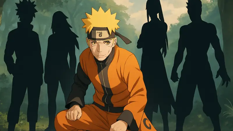 Наруто Узумаки в режиме Отшельника или Мудреца, окруженный другими аниме-персонажами