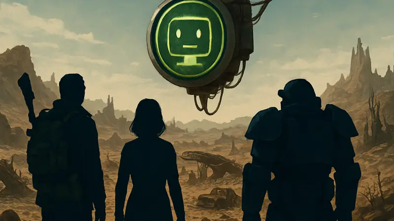 Кадр из сериала Fallout, персонажи на фоне Пустоши, M.A.R.Go.T. как ключевая загадка.