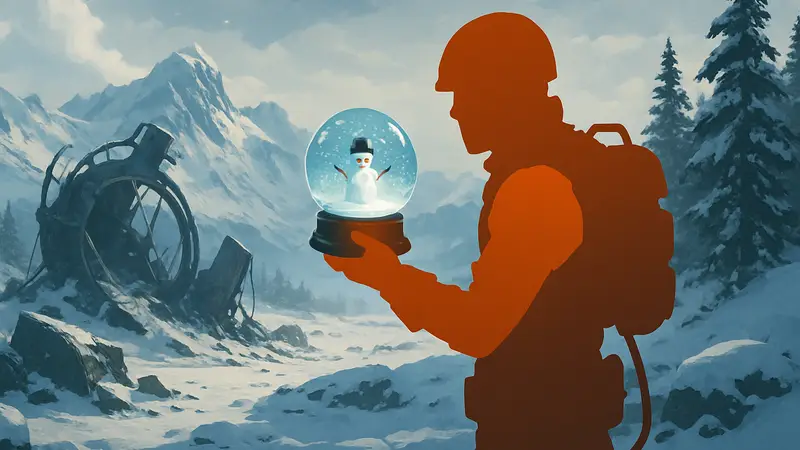 Игрок находит редкий предмет Breathtaking Snowglobe в мире Arc Raiders на фоне заснеженных пейзажей.