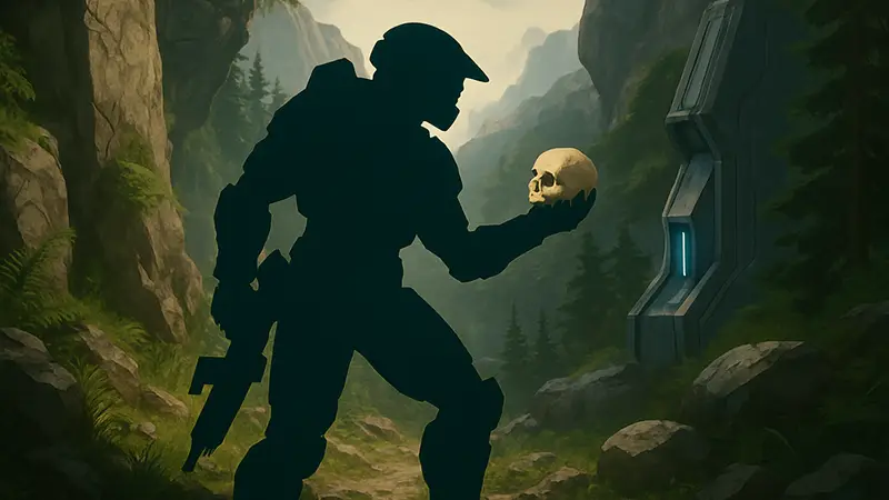 Игровой персонаж Мастер Чиф в Halo Campaign Evolved находит череп Temperamental