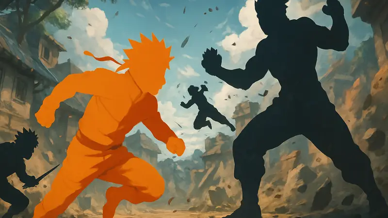 Динамичная сцена аниме-битвы с персонажами в стиле экшен-сериалов