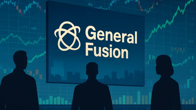 Логотип General Fusion на фоне графиков биржи Nasdaq