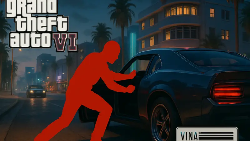 Игровой скриншот GTA 6 с угнанным автомобилем и намеком на новую механику VIN-кодов.