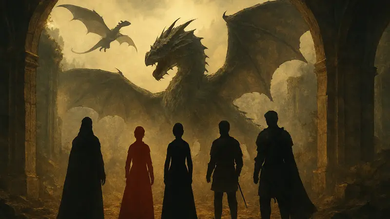 Постер сериала House of the Dragon с драконами и персонажами, символизирующими конец истории.