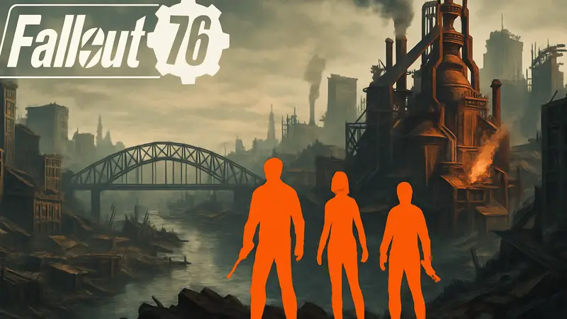 Логотип Fallout 76 и изображение зоны "Питт" из Экспедиций на фоне разрушенного города.