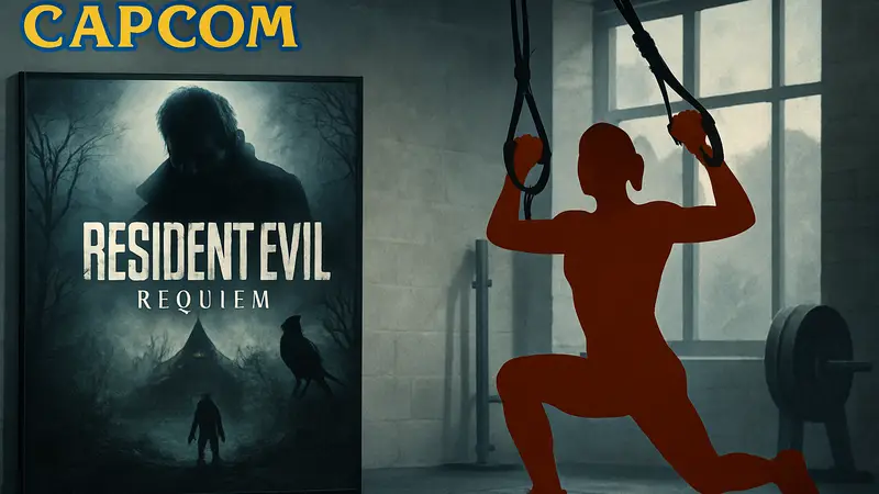 Коллаборация Resident Evil Requiem с фитнес-тренажером, логотип Capcom, игра и спорт.