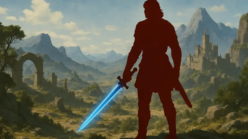 Игровой персонаж с мечом Fated Shadow в мире Crimson Desert.