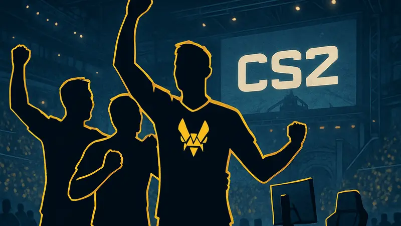 Игроки киберспортивной команды Vitality радуются победе на турнире по CS2.