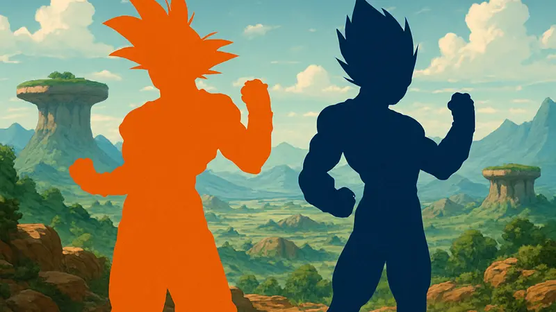 Гоку и Вегета из Dragon Ball Super, демонстрирующие свою силу, с надписью 'Топ сильнейших персонажей'.