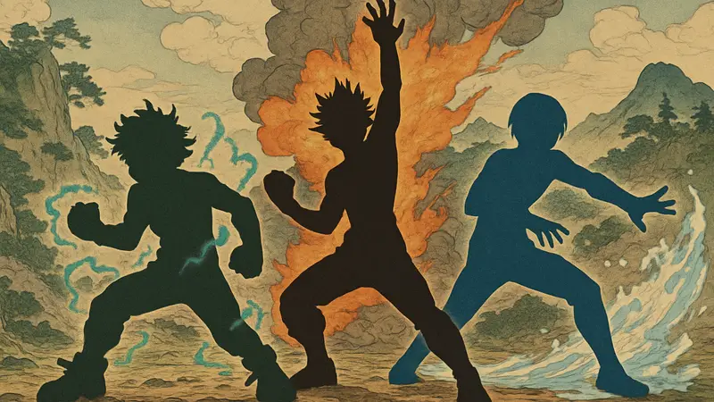 Японская гравюра укиё-э с героями My Hero Academia в боевых позах.