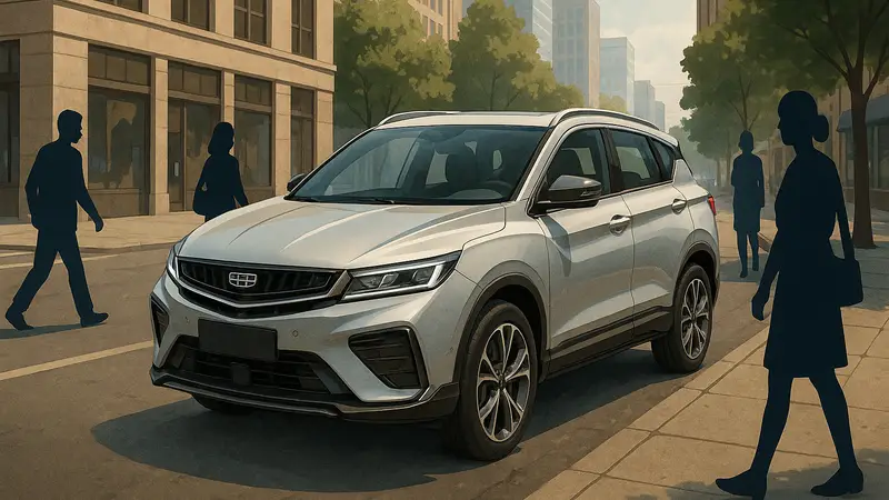 Обновленный кроссовер Geely Coolray SX11-A6 серебристого цвета на городской улице.