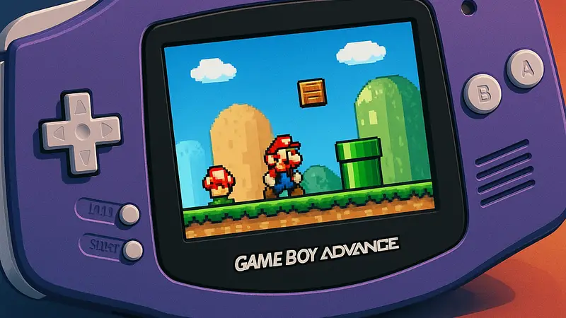 Ретро консоль Game Boy Advance с логотипом Nintendo, на экране которой изображена пиксельная игра.