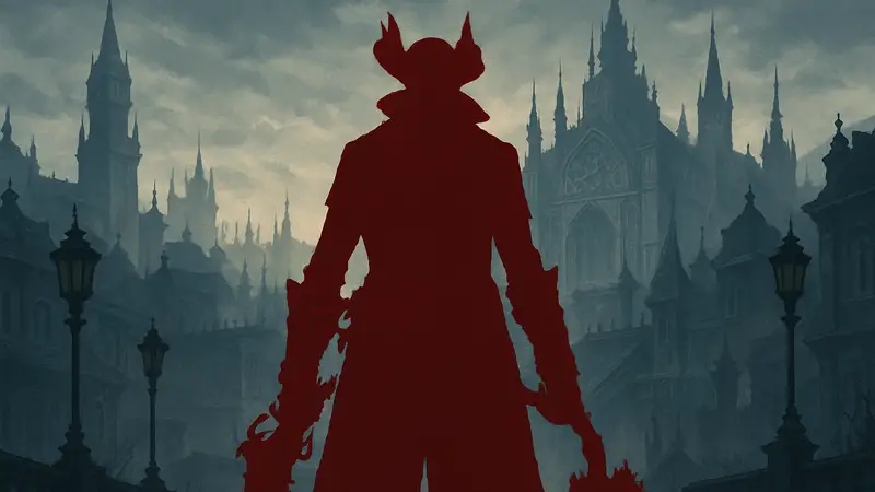 Персонаж из игры Bloodborne, стоящий на фоне готического города.