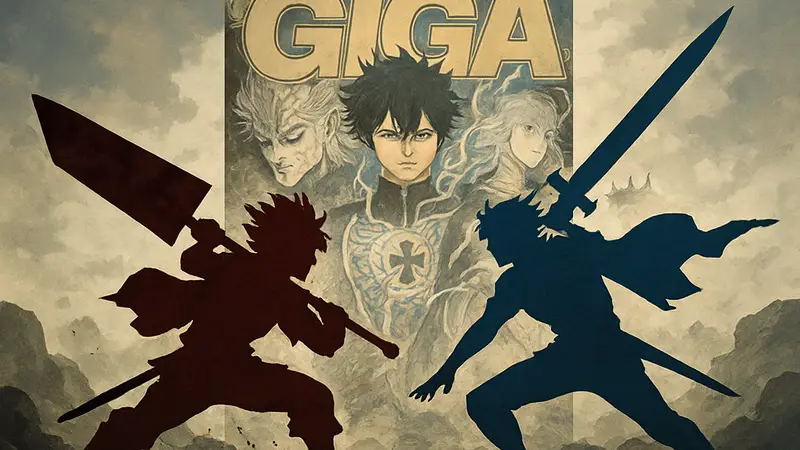 Персонажи манги Black Clover, Аста и Юно, в финальной битве, на фоне обложки Jump GIGA