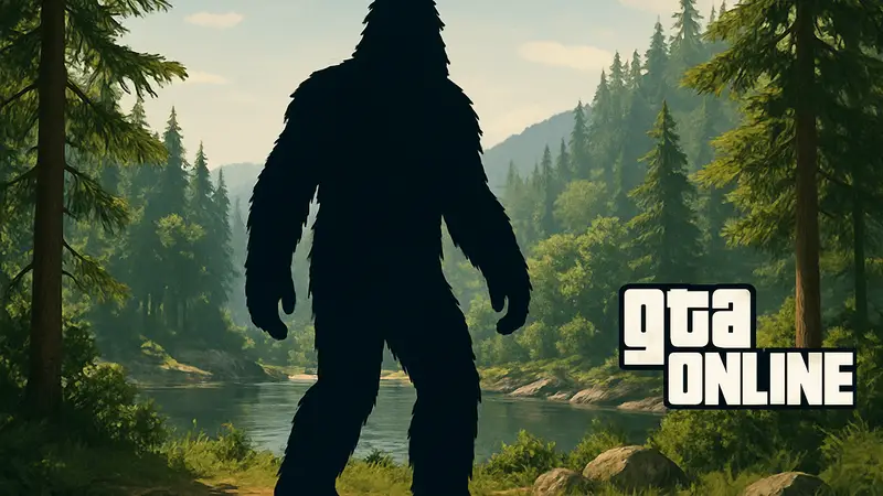 Игровой персонаж в GTA Online в костюме Бигфута на фоне лесного пейзажа.