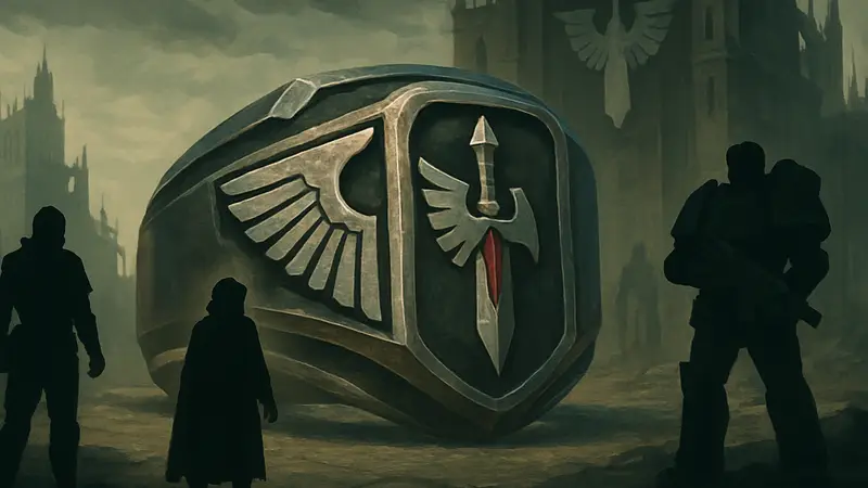 Кольцо «Сыны Калибана» от Starforged, стилизованное под символику Warhammer 40,000 и Тёмных Ангелов.