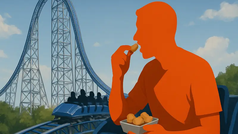 Ютубер Аллен Феррелл ест куриные наггетсы на американских горках Millennium Force в парке Cedar Point.
