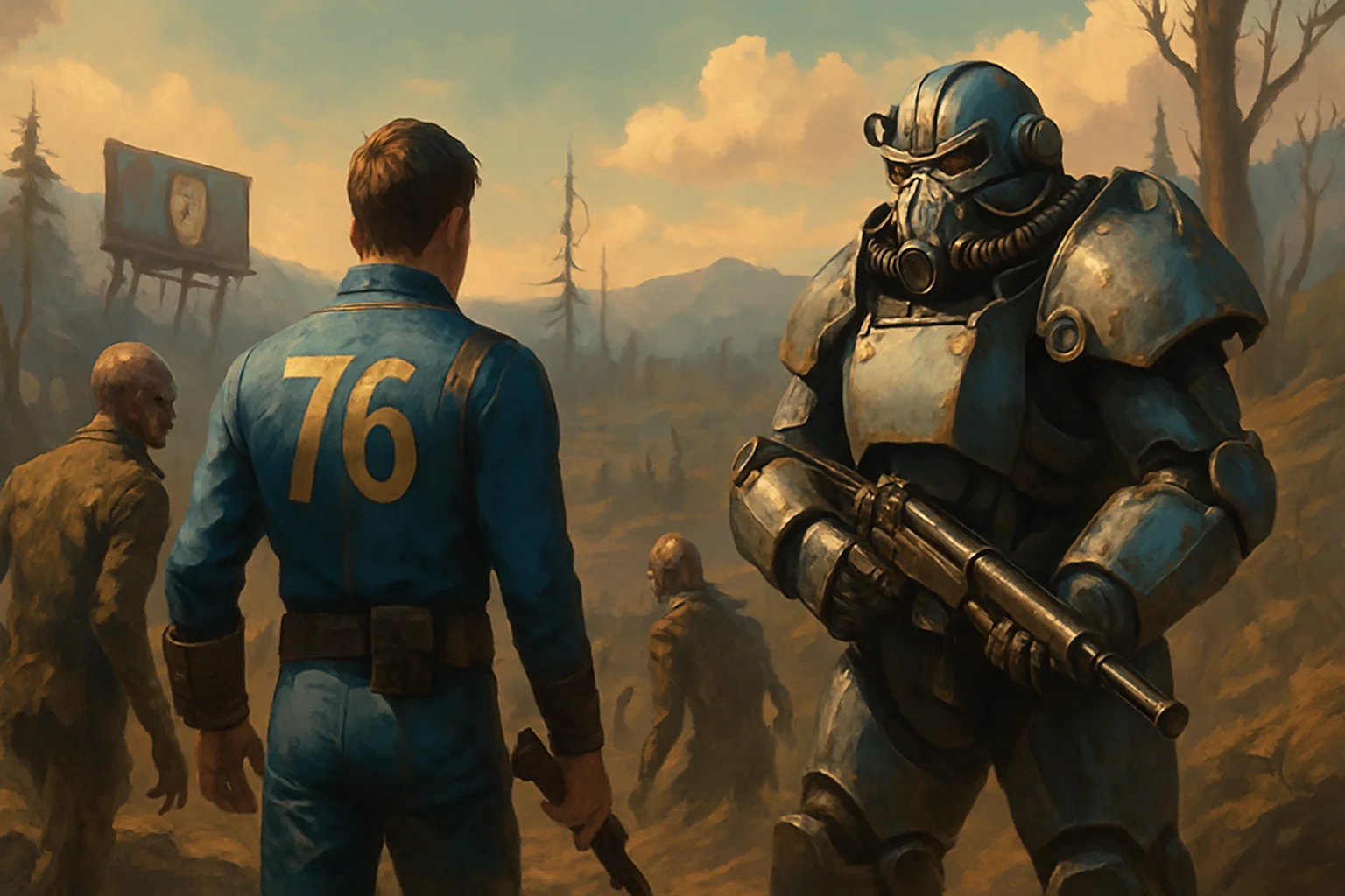 Изображение игровых персонажей Fallout 76, исследующих Пустошь после установки нового патча.