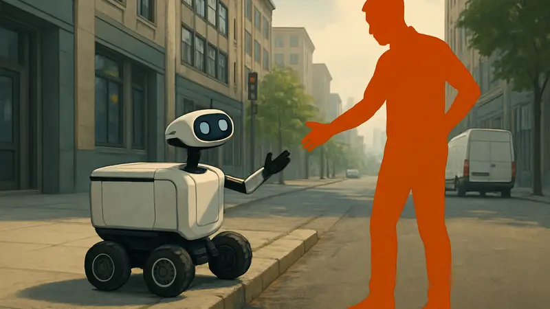 Робот-доставщик, застрявший на бордюре, просит о помощи у проходящего мимо человека. Будущее ИИ-курьеров.