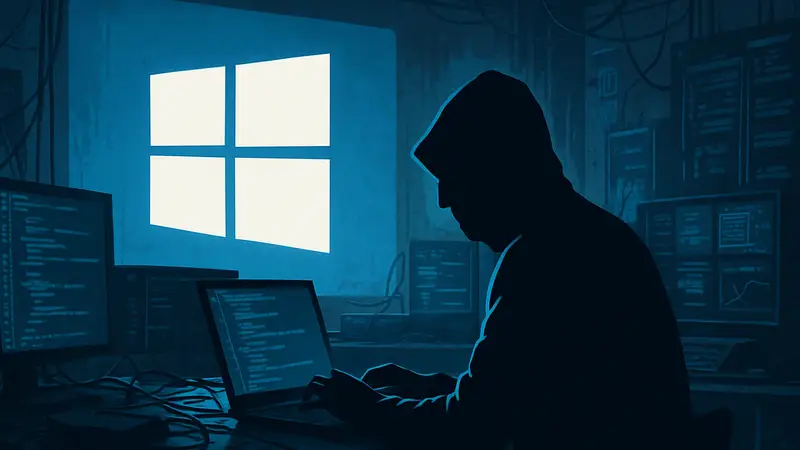 Логотип Windows и иллюстрация хакерской деятельности